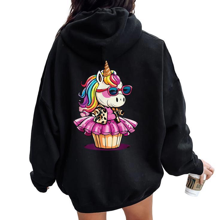 Unicorn Cupcake Cute Leopard Print Rainbow Unicorn Party Women Oversized Hoodie Back Print