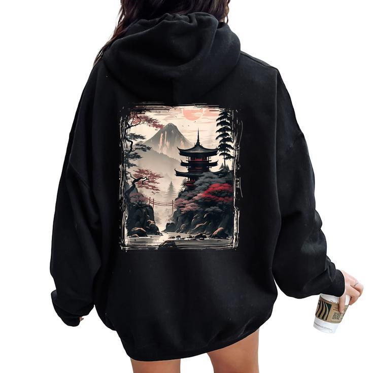Vintage Japanese Flower Mountain View Landscape Graphic Women Oversized Hoodie Back Print