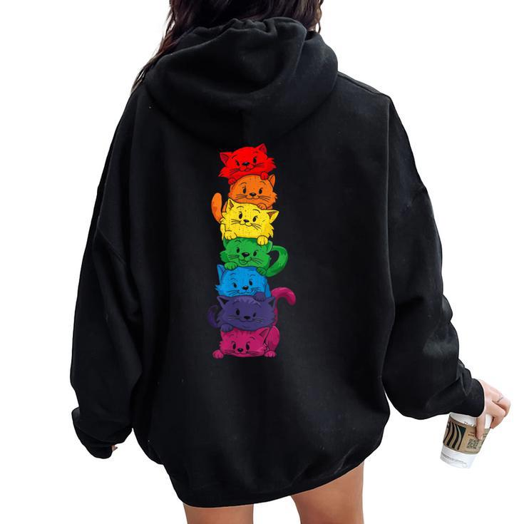 Vintage Lgbt Cat Stack Rainbow Gay Pride For Cat Lover Women Oversized Hoodie Back Print