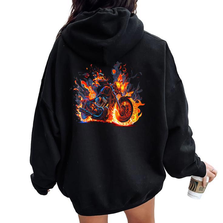 Vintage Motorcycle Biker In Flames Sportster Motorcycle Women Oversized Hoodie Back Print