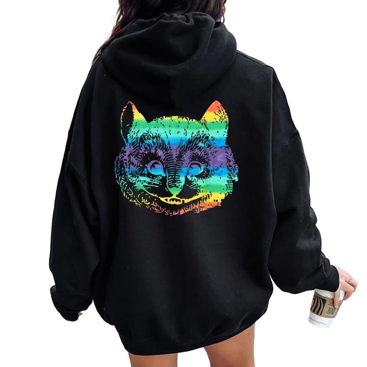 Vintage Rainbow Hippie Cute Cheshire Cat Head KittyWomen Oversized Hoodie Back Print