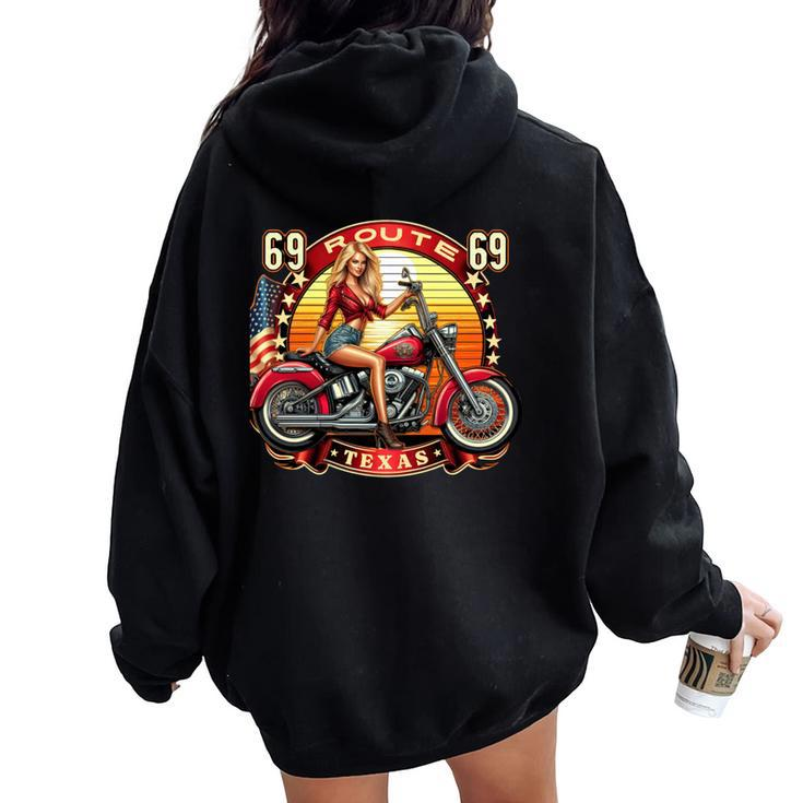 Vintage Texas Pin-Up Girl Biker American Dream Ride Women Oversized Hoodie Back Print