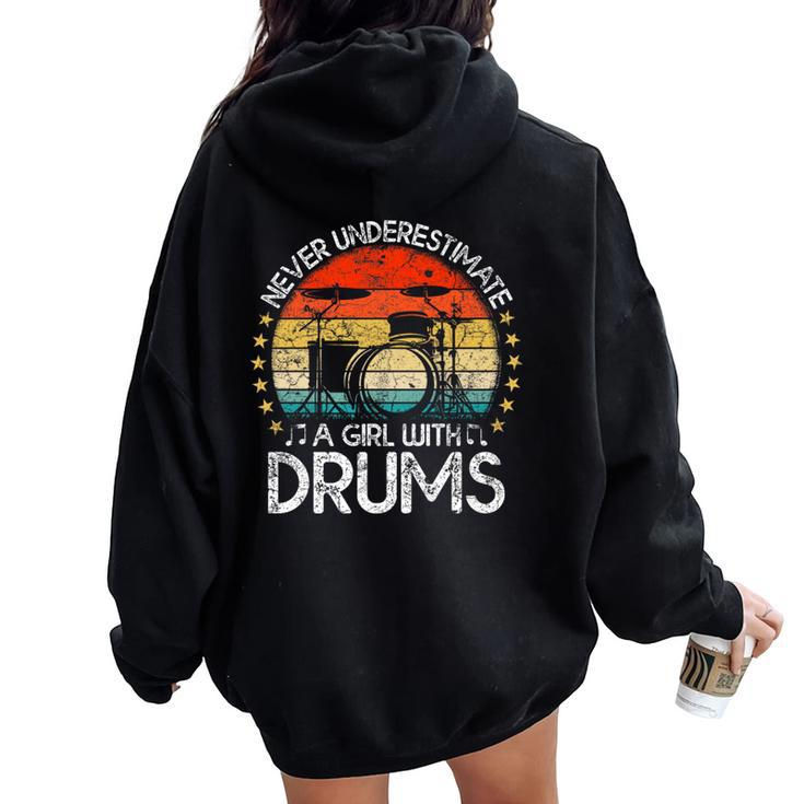 Vintage Never Underestimate A Girl With Drums Drummer Women Oversized Hoodie Back Print