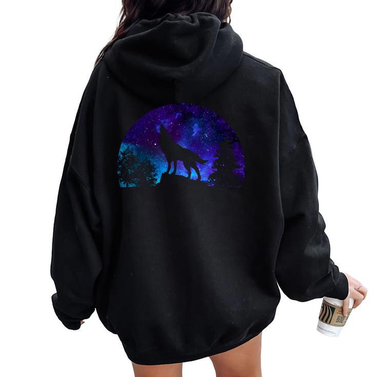 Wolf Howling Moon Love Wolves Cosmic Space Galaxy Girl Women Oversized Hoodie Back Print