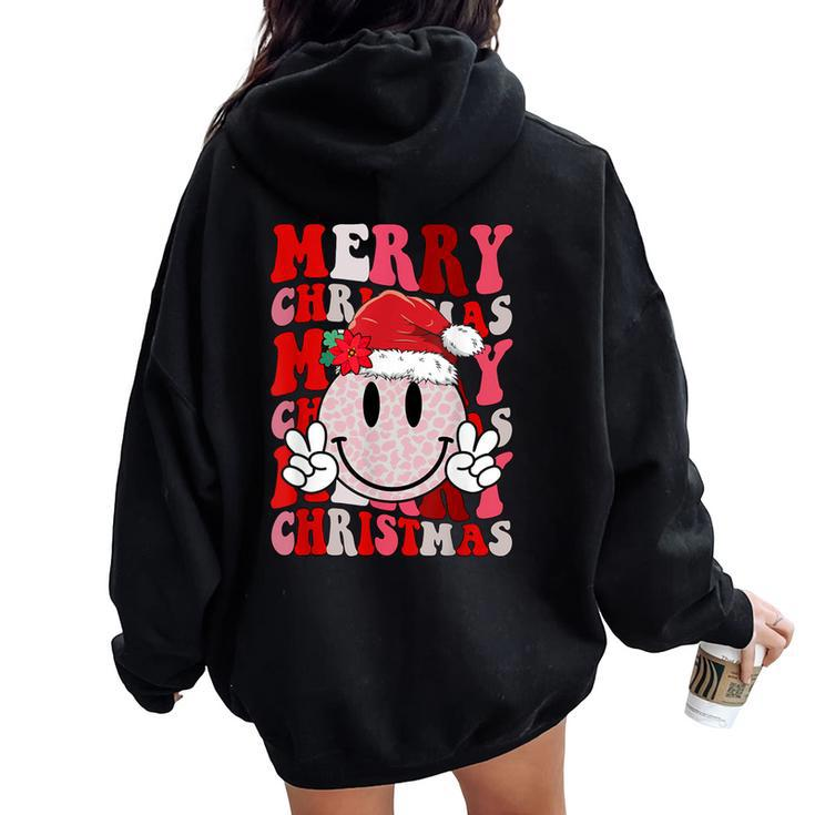 Merry Christmas Smile Face Santa Claus Hat Groovy Retro Women Oversized Hoodie Back Print
