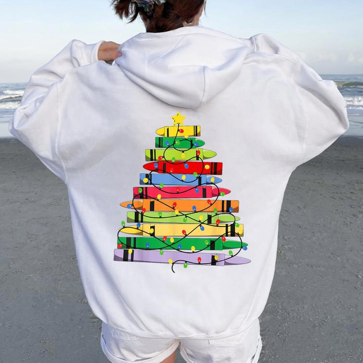 Crayon Christmas Tree Teacher Student Xmas Teacher Pajamas Women Oversized Hoodie Back Print