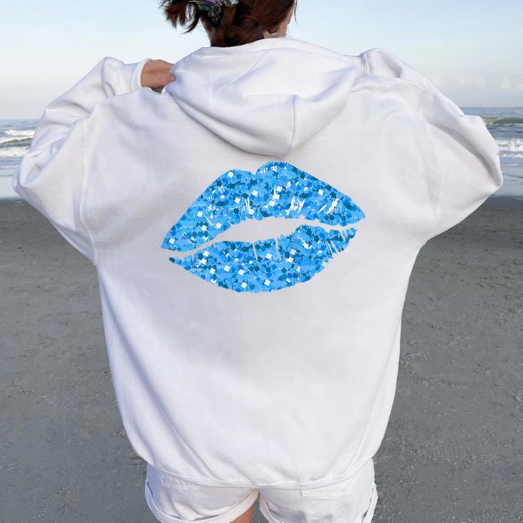 80S & 90S Kiss Mouth Lips Motif Vintage Blue Women Oversized Hoodie Back Print