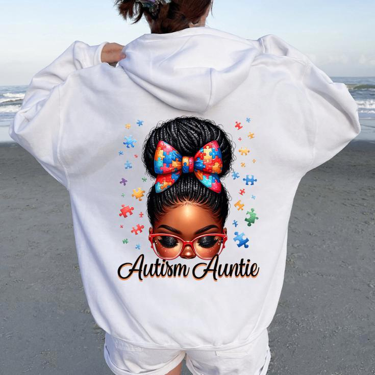 Autie Aunt Life Afro Black Autism Awareness Messy Bun Women Oversized Hoodie Back Print
