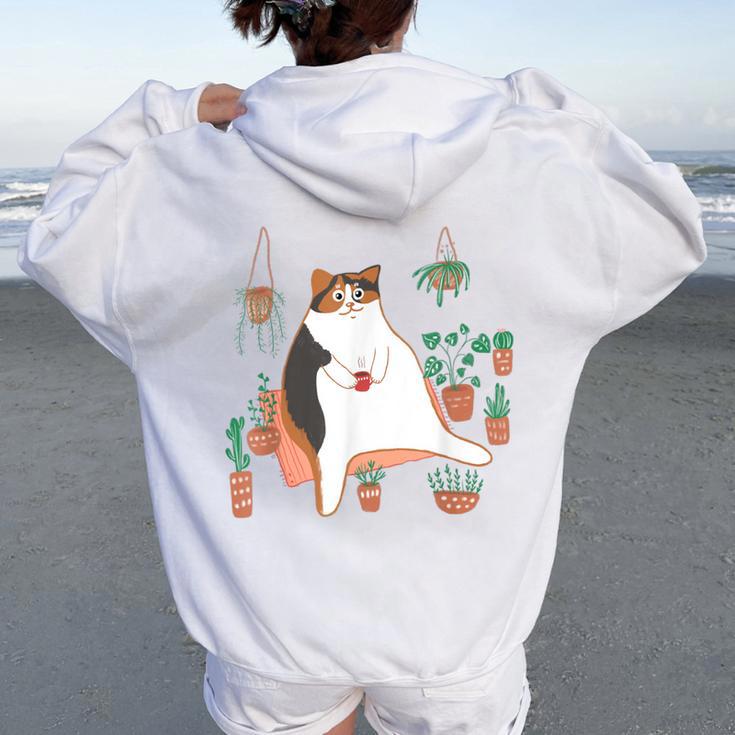 Calico Cat With Pot Plants Cat Lover For Mom Women Women Oversized Hoodie Back Print