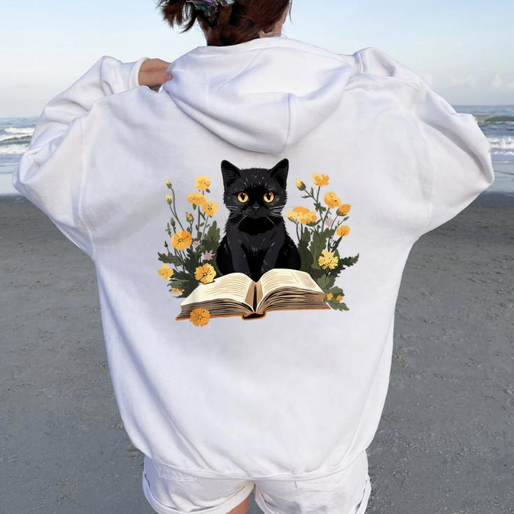 Cat For Book Lover Cute Cat And Book Women Oversized Hoodie Back Print