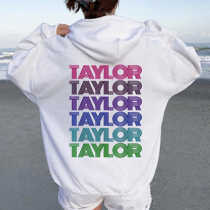 Personalized First Name Taylor Girl Groovy Retro Pink Women Oversized Hoodie Back Print