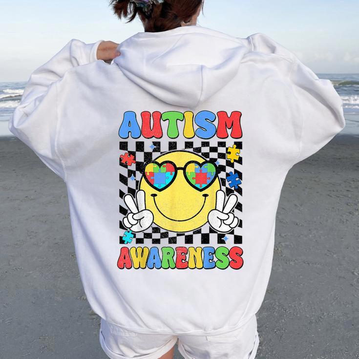Retro Groovy Autism Awareness Hippie Smile Face Boy Girl Kid Women Oversized Hoodie Back Print
