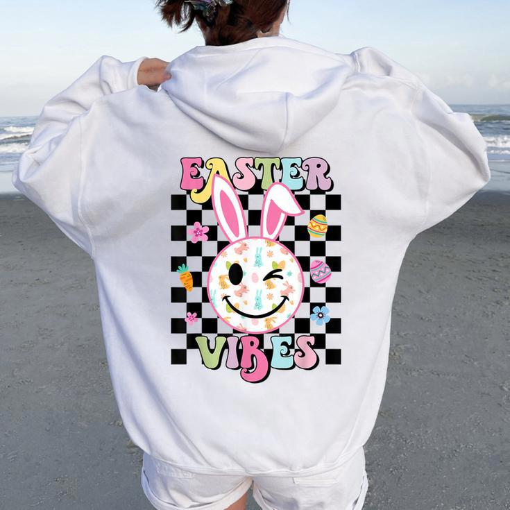 Retro Groovy Easter Vibes Bunny Rabbit Smile Face Women Oversized Hoodie Back Print