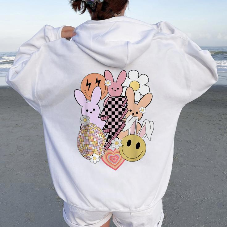 Retro Groovy Easter Vibes Smile Face Rabbit Bunny Girl Women Oversized Hoodie Back Print