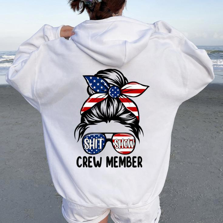Shit Show Crew Member Amerian Flag Headband Messy Bun Women Oversized Hoodie Back Print