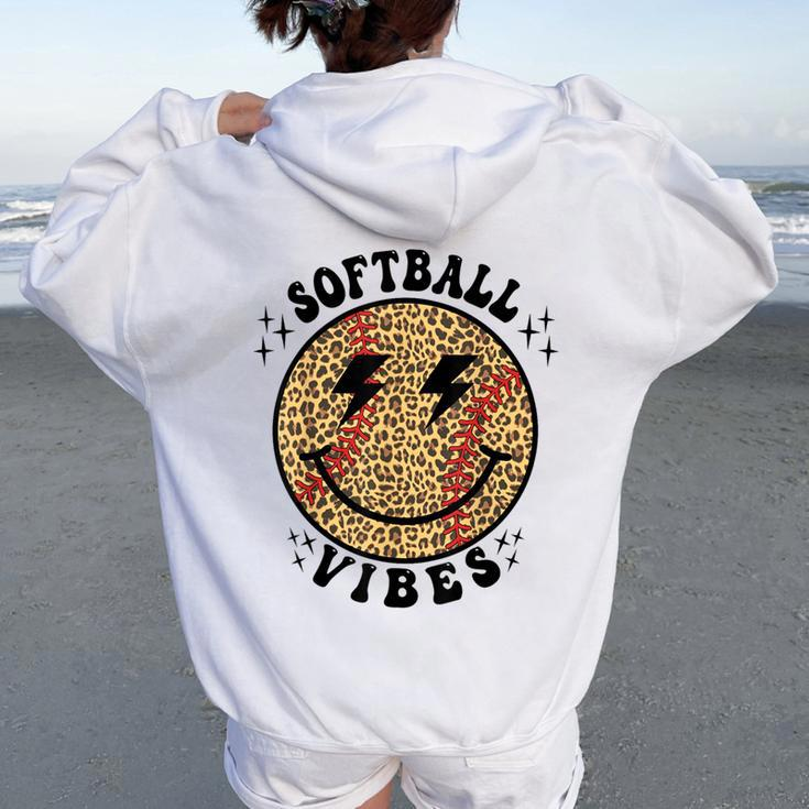 Smile Face Softball Vibes Game Day Softball Life Mom Retro Women Oversized Hoodie Back Print