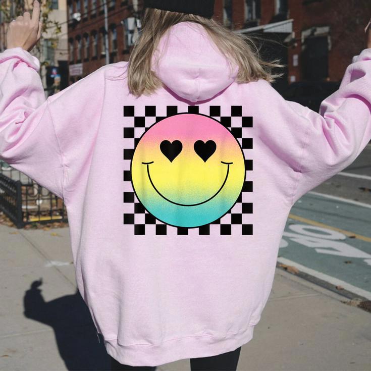 Rainbow Smile Face Cute Checkered Smiling Happy Face Women Oversized Hoodie Back Print Seseable UK