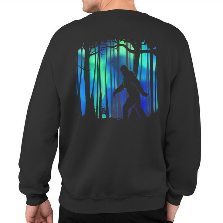 Bigfoot Walking Northern Lights Aurora Forest Sweatshirt Back Print