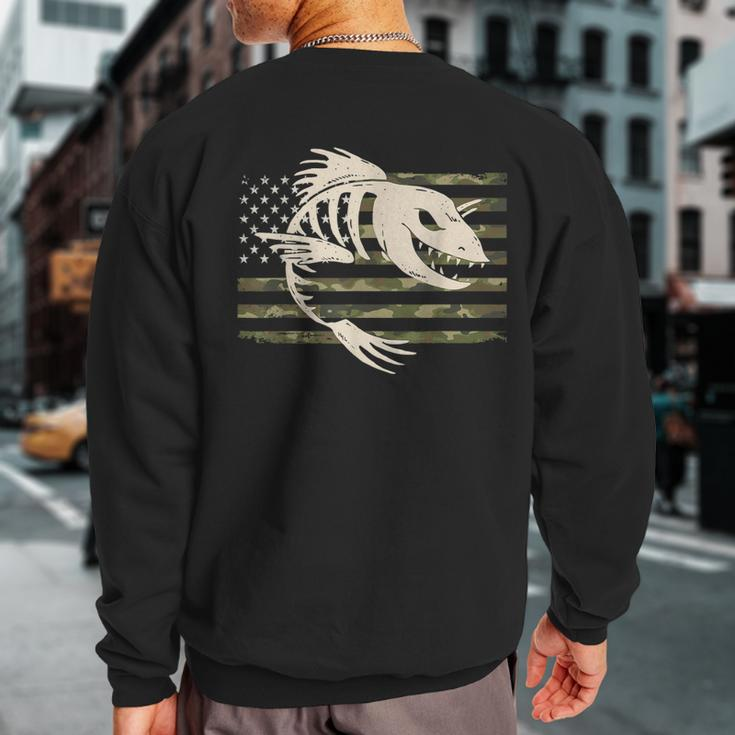 Fish Bones Skeleton Camo Us American Flag Camouflage Fishing Sweatshirt Back Print