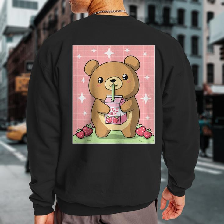 Kawaii Teddy Bear Drinking Strawberry Milk Japanese Sweatshirt Back Print