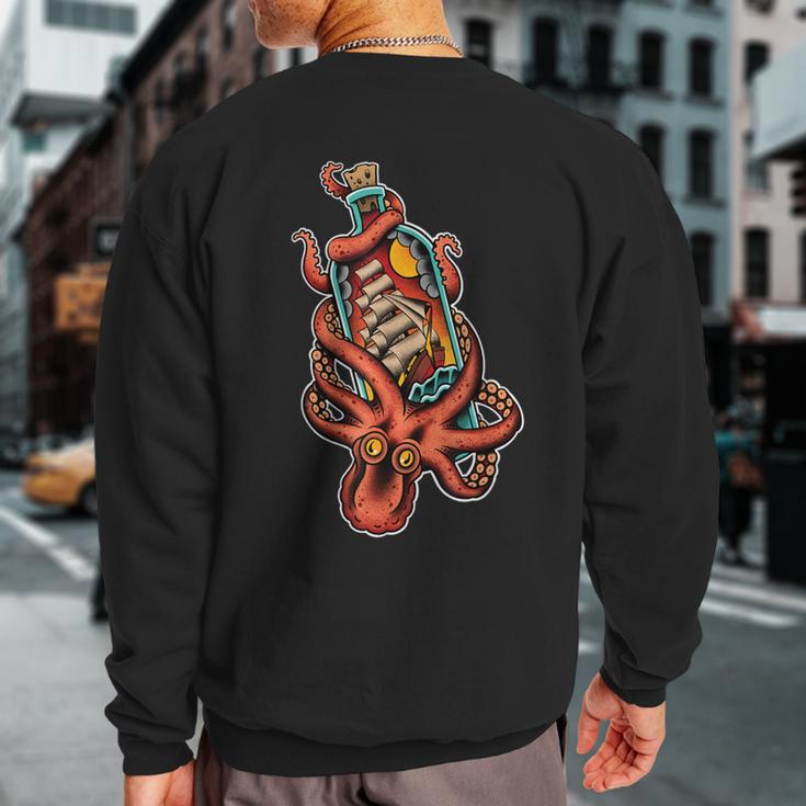 Octopus And Clipper Ship In Bottle Old School Sailor Tattoo Sweatshirt Back Print