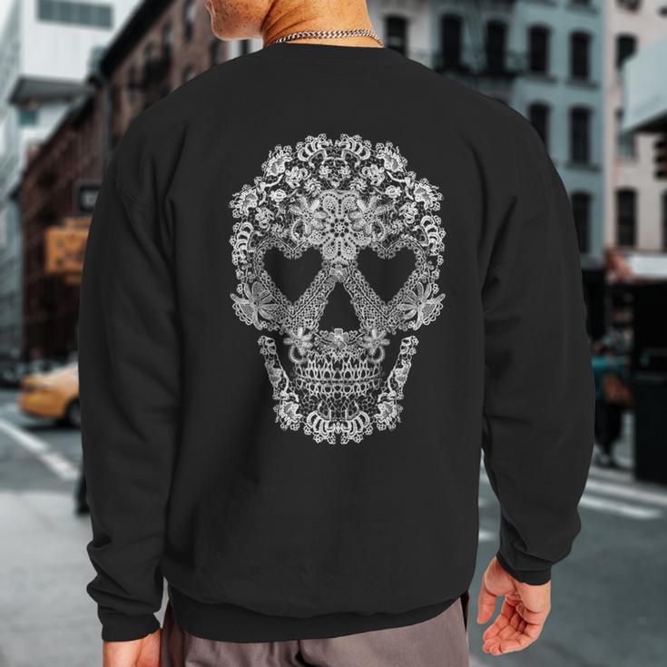 White Lacy Skull With Heart Eyes Sweatshirt Back Print