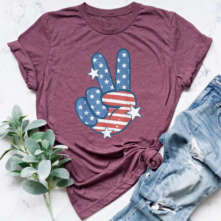 American Flag Peace Sign Hand 4Th Of July Women Bella Canvas T-shirt