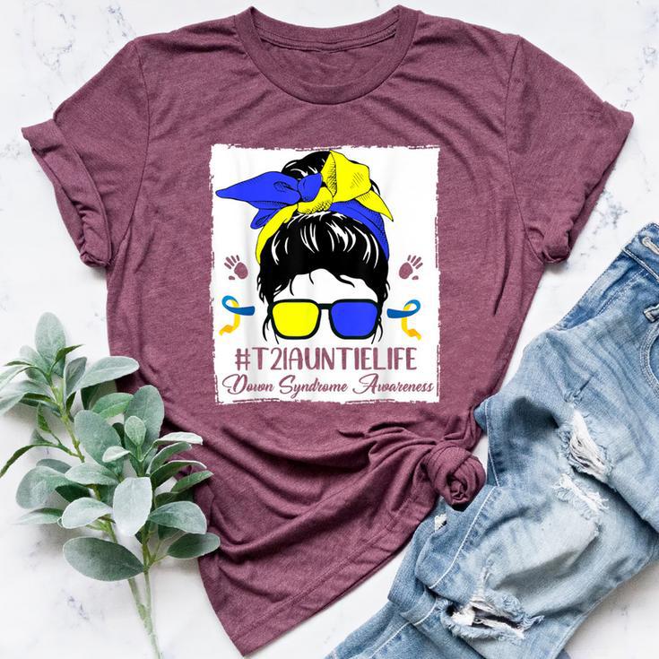 Auntie Proud Down Syndrome Awareness Woman Messy Bun Hair Bella Canvas T-shirt