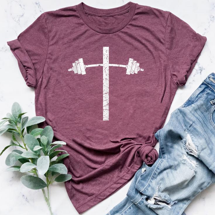 Barbell Dumbbell Cross Christian Jesus Gym Workout Lifting Bella Canvas T-shirt
