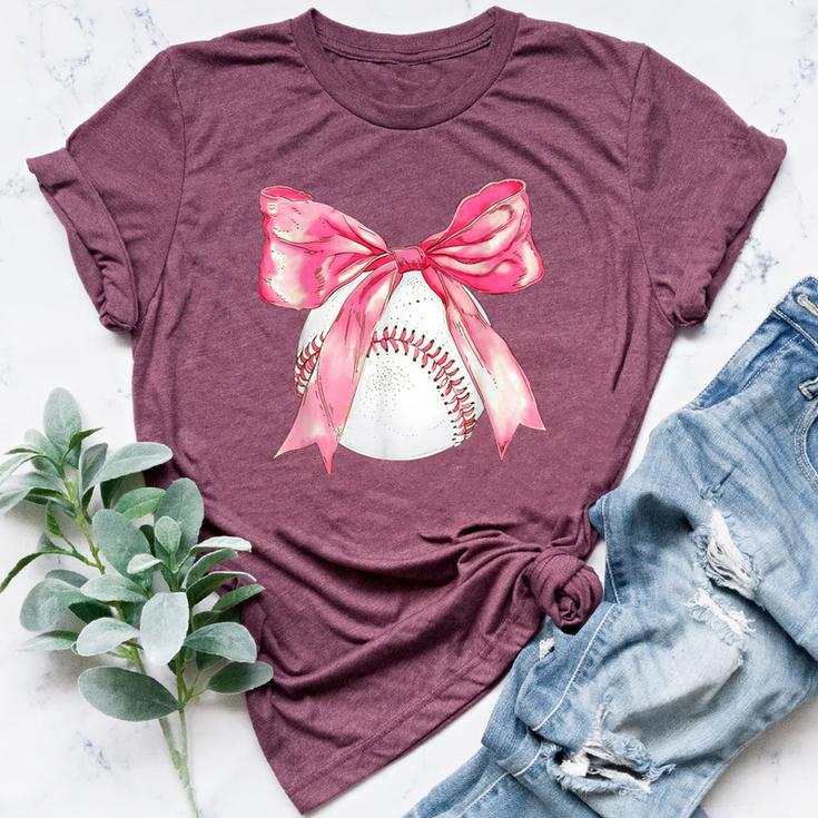 Baseball Mom Coquette Pink Bow Baseball Mama Bella Canvas T-shirt