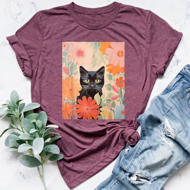 Black Cat And Flowers Cat Lover Cat Floral Cat Bella Canvas T-shirt