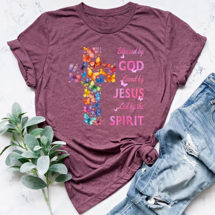 Blessed By God Loved By Jesus Butterfly Cross Bella Canvas T-shirt