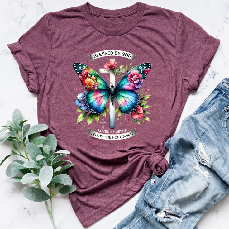 Blessed By God Loved By Jesus Christian Jesus Butterfly Bella Canvas T-shirt