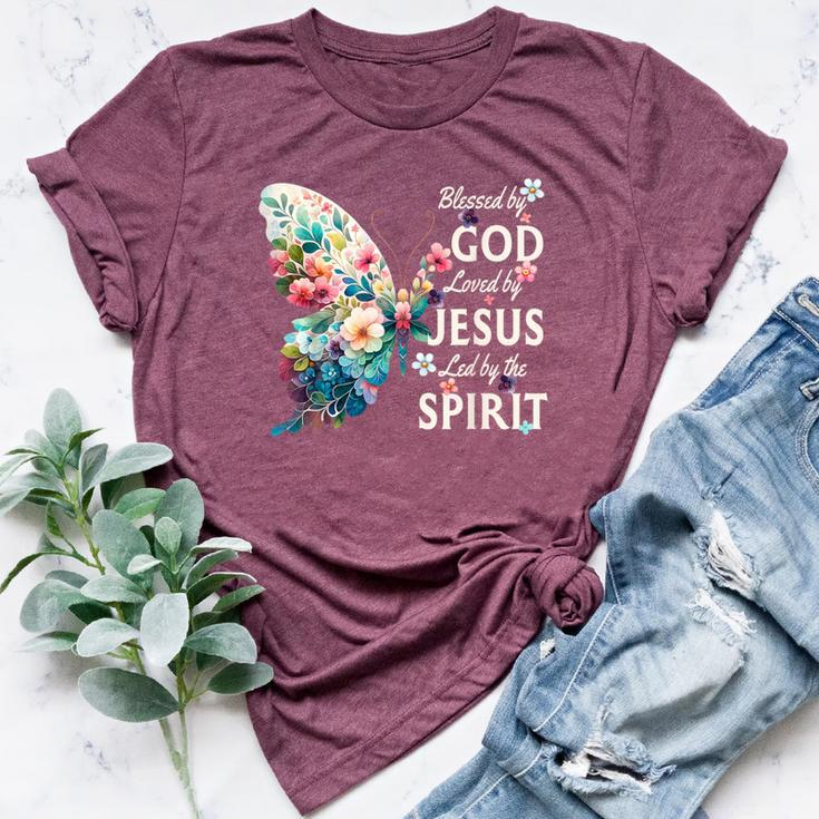 Blessed By God Loved By Jesus Floral Butterfly Christian Bella Canvas T-shirt