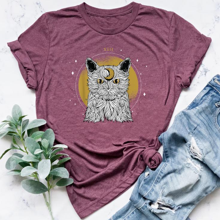 Boho Mystical Feathers Cat Moon Phases Cats Lovers Bella Canvas T-shirt