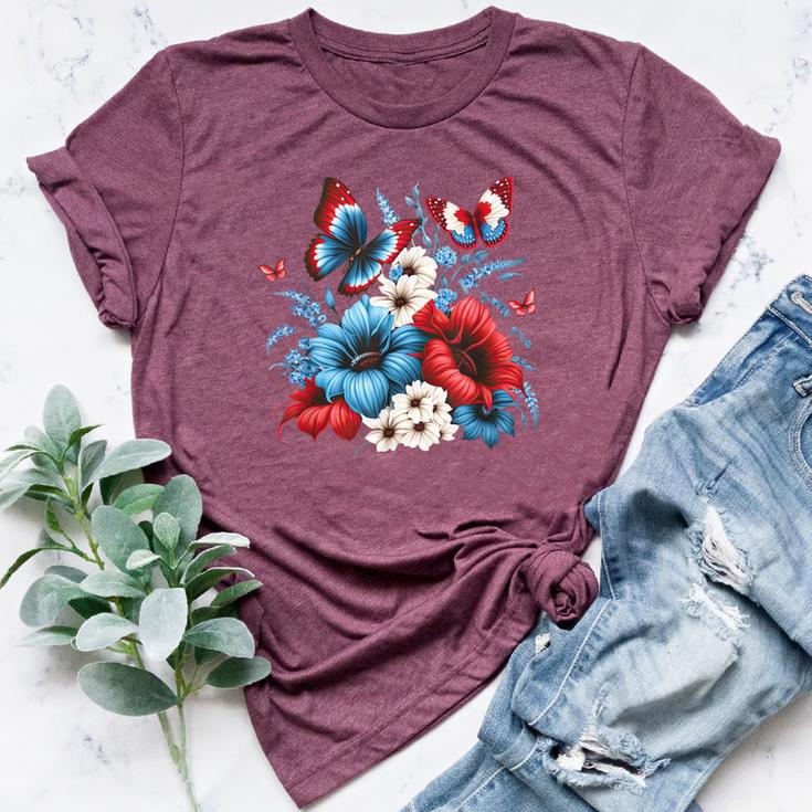 Butterfly Flowers Red White And Blue 4Th Of July Patriotic Bella Canvas T-shirt
