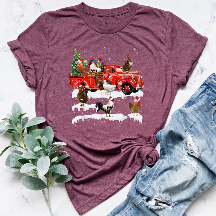 Chicken Riding Red Truck Merry Christmas Farmer X-Mas Ugly Bella Canvas T-shirt