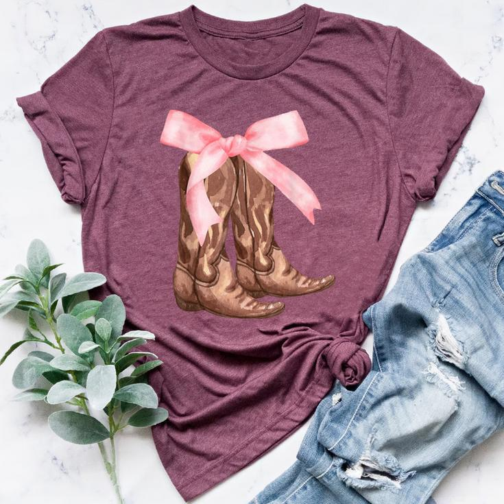 Coquette Pink Bow Cowboy Boots Cute Y2k N Girls Women Bella Canvas T-shirt
