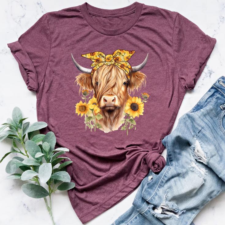 Cute Scottish Highland Cow Wearing Sunflower Bandana Heifer Bella Canvas T-shirt
