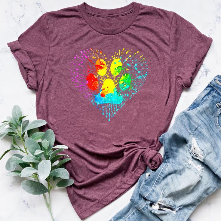 Dog Lover Mom Dad Colorful Heart Dog Paw Print Bella Canvas T-shirt