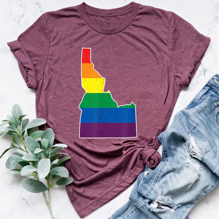 Gay Pride Flag Idaho State Map Rainbow Stripes Bella Canvas T-shirt