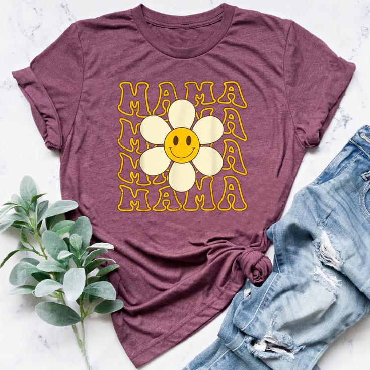 Happy Face Mama Groovy Daisy Flower Smiling Flower Bella Canvas T-shirt