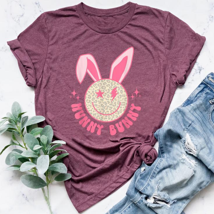 Hunny Bunny Retro Groovy Easter Leopard Smile Face Rabbit Bella Canvas T-shirt