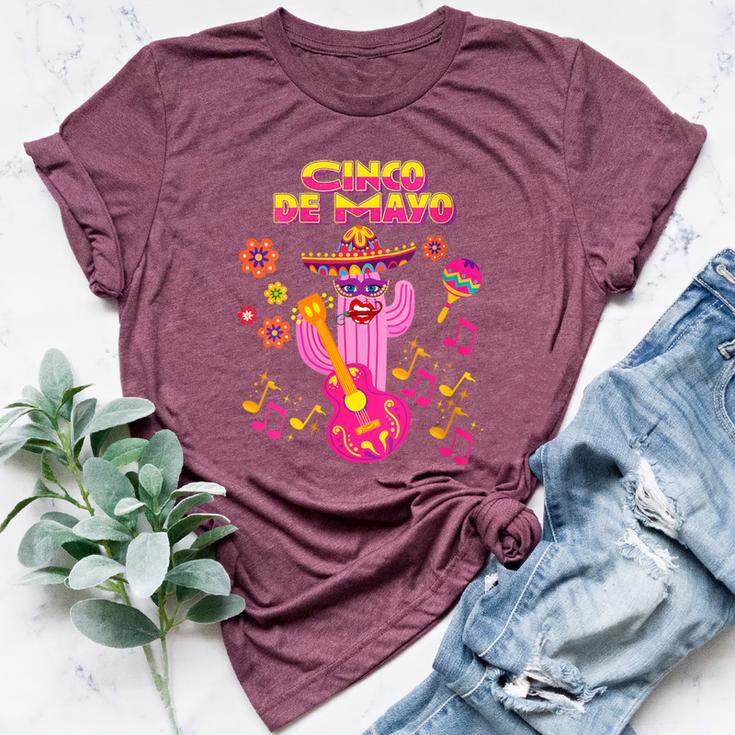 Pink Mexican Cactus With Guitar Dance In Cinco Mayo Party Bella Canvas T-shirt