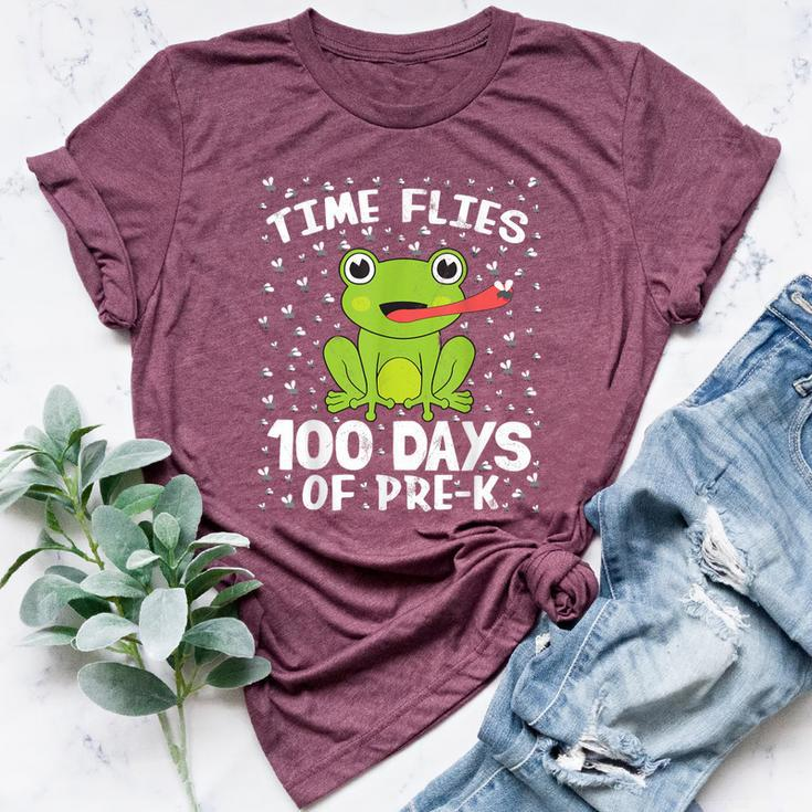 Pre K 100 Days Of School Boys Girls Frog Time Flies Fly Cute Bella Canvas T-shirt
