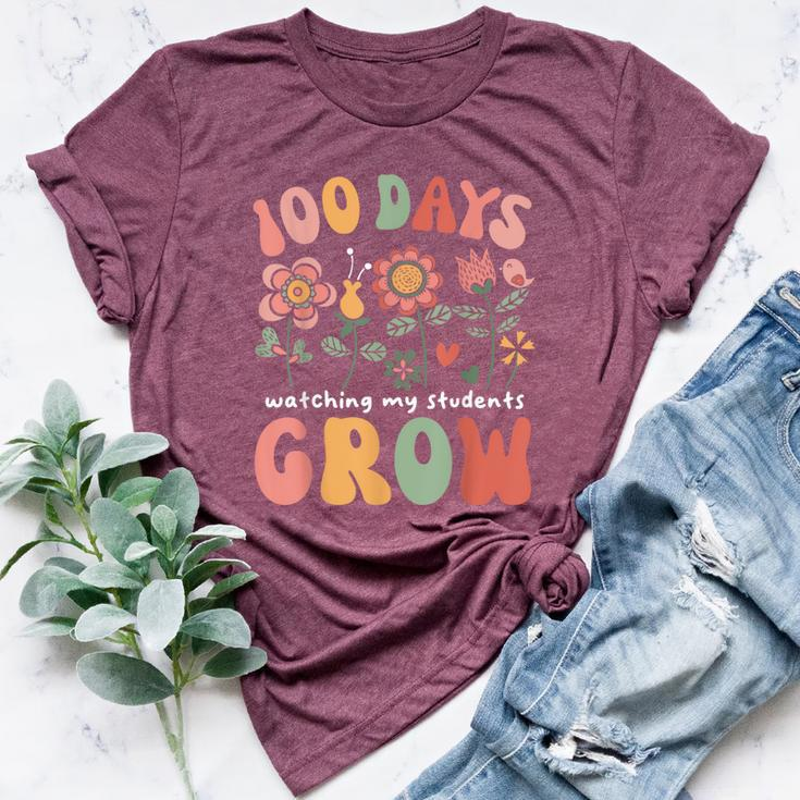 Retro Boho Flower Teacher 100 Days Watching My Students Grow Bella Canvas T-shirt