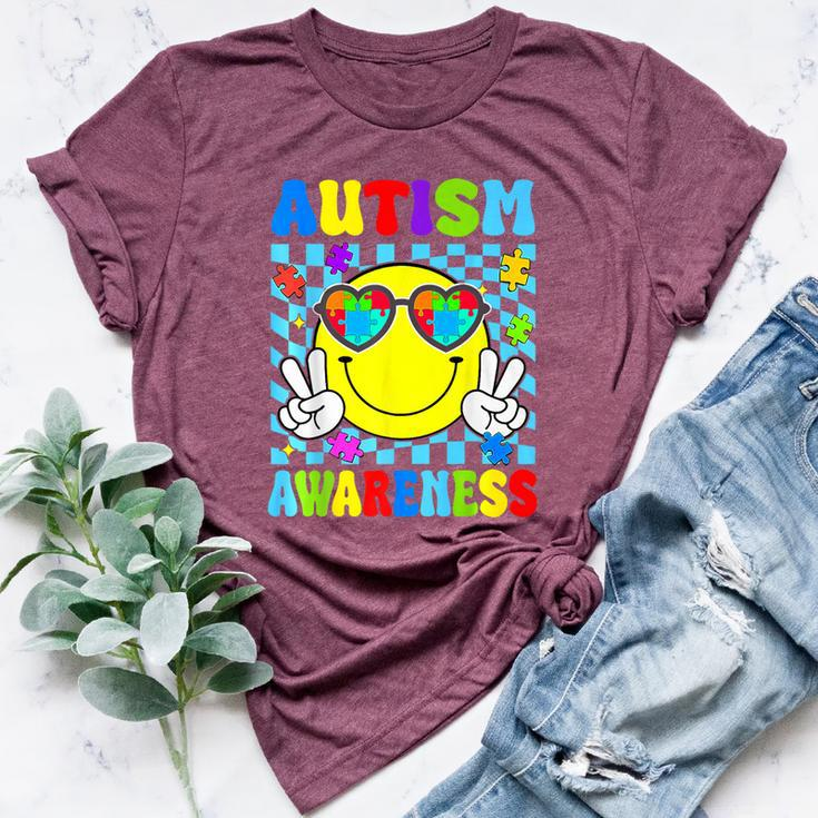Retro Groovy Autism Awareness Hippie Smile Face Boy Girl Kid Bella Canvas T-shirt