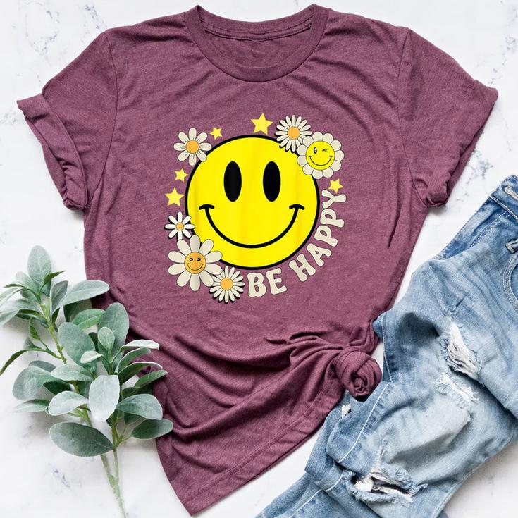 Retro Groovy Be Happy Smile Face Daisy Flower 70S Bella Canvas T-shirt