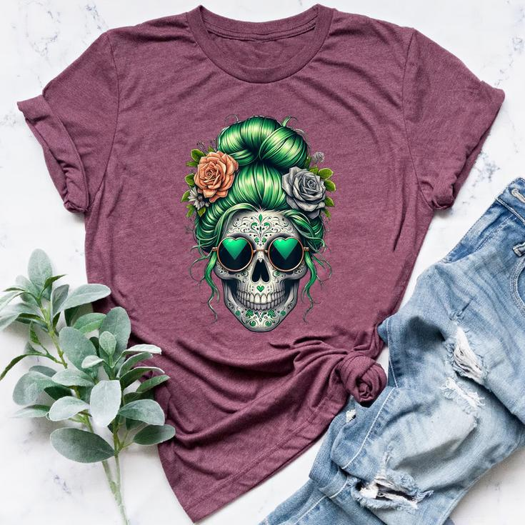 St Pattys Day Skull Bun Messy Irish Women Bella Canvas T-shirt