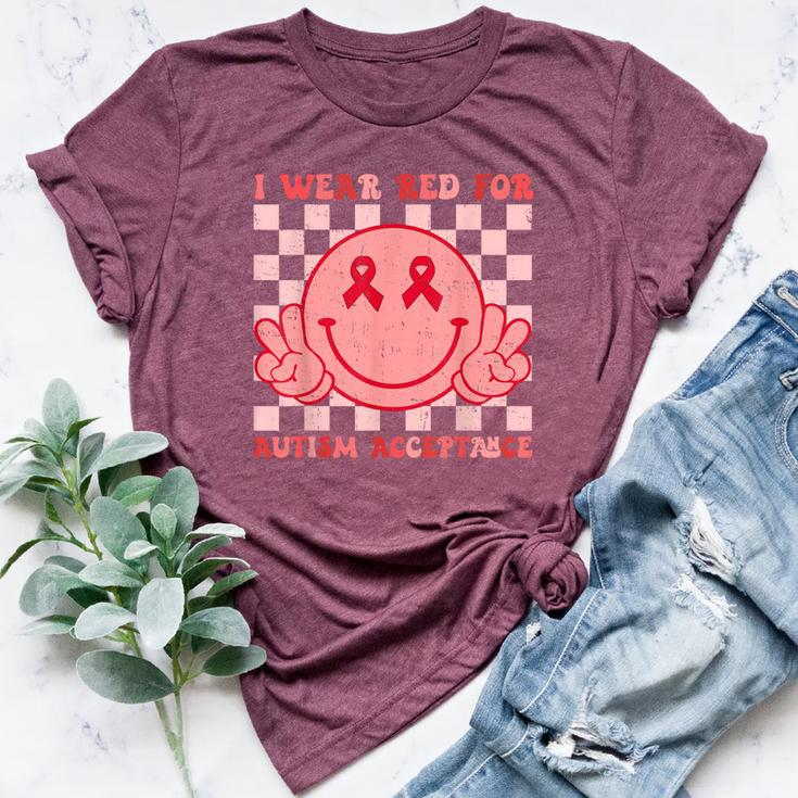 I Wear Red For Instead Autism-Acceptance Groovy Smile Face Bella Canvas T-shirt